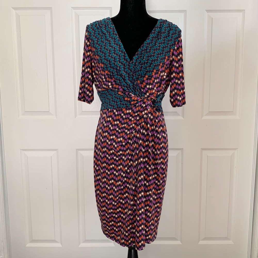 Jones New York Orange and Teal Faux Wrap Dress